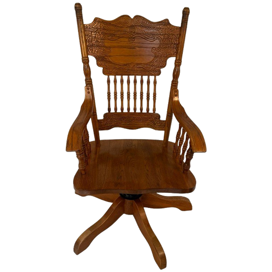 Vintage - Solid Oak - Rotating Desk Chair With Turned Colums And Hand Carved Backrest 1