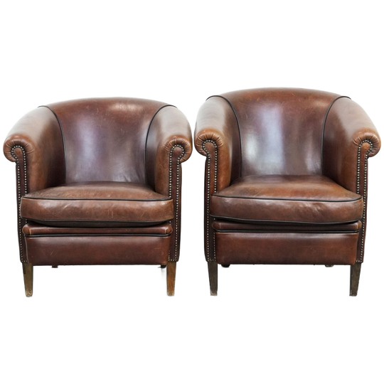 Karaktervolle Set Van 2 Mooie Schapenleren Clubfauteuils Met Een Luxe Engelse Uitstraling 1