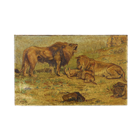 Antiek Vintage Schilderij Leeuwen