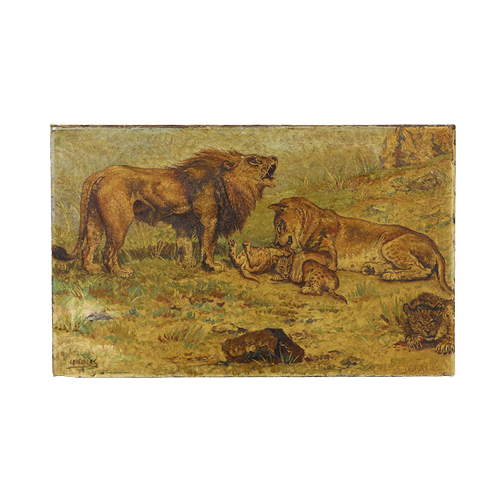 Antiek Vintage Schilderij Leeuwen