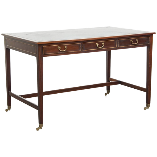 Geweldige Schrijftafel/ Bureau Op Wieltjes In Engelse Stijl Met Een Blauw Lederen Blad 1