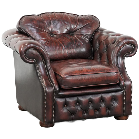 In Goede Staat Verkerende Rood Gevlamde Rundleren Chesterfield Fauteuil In Engelse Stijl 1