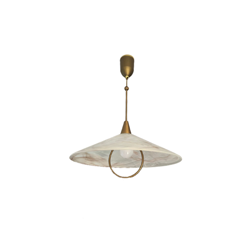 Vintage Lamp Hanglamp Met Trekpendel, Goudkleurig Glazen Swirl Kap, In Hoogte Verstelbaar