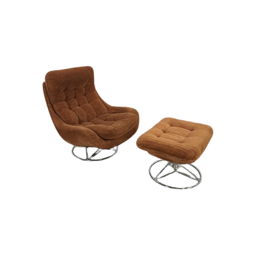 Draaifauteuil Met Bruine Ribstof En Hocker