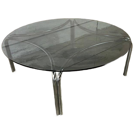 Vintage Ronde Glazen Salontafel Met Chromen Frame 1