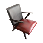 Vintage Fauteuil Hout Met Zwart/Rood Skai Leer, Jaren '50/'60 thumbnail 1