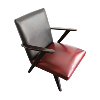 Vintage Fauteuil Hout Met Zwart/Rood Skai Leer, Jaren '50/'60