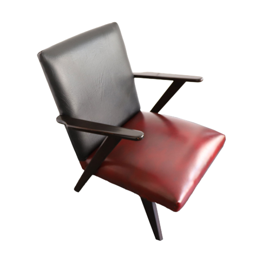 Vintage Fauteuil Hout Met Zwart/rood Skai Leer, Jaren '50/'60 1