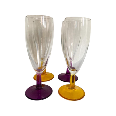 4X Champagne Glas Paars/Gele Voet Vintage