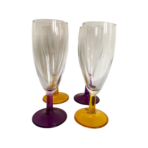 4X Champagne Glas Paars/Gele Voet Vintage