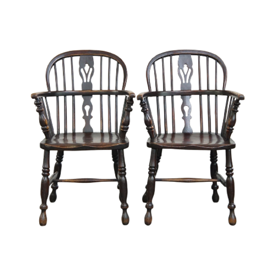 Set Van 2 Prachtige Donkere Antieke Engelse Lowback Windsor Stoelen/eetkamerstoelen 1