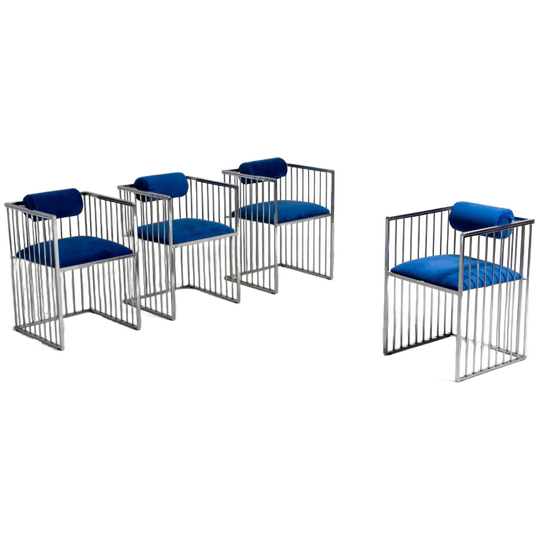Mid-cdentury Modern Chromen Eetkamerstoelen Met Royaal Blauwe Fluweel, Italië 1970s 1