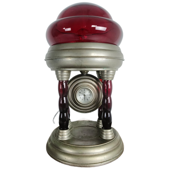 Unieke Vintage Tinnen Lamp Met Uurwerk 1