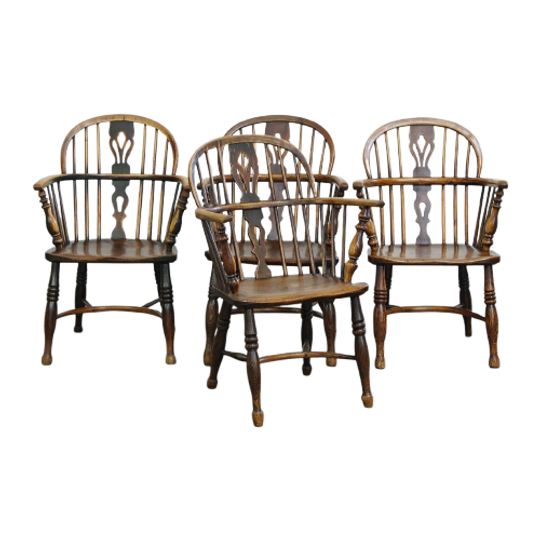 Set Van 4 Mooie Antieke Engelse Lowback Windsor Eetkamerstoelen 1