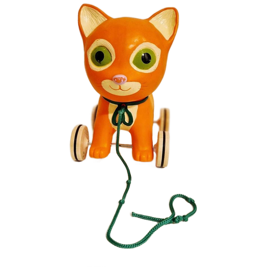 Vintage Oranje Retro Speelgoed Poes Op Wielen 1