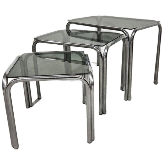 Vintage Space Age Metaal Gerookt Glas Neat Tafeltjes 1