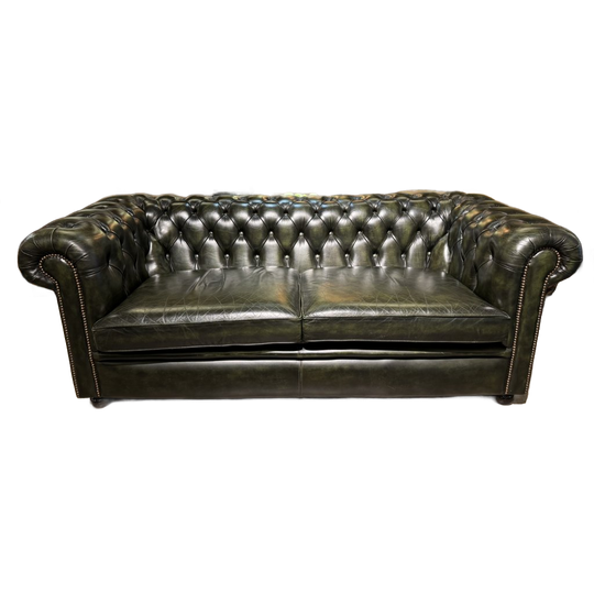 Ruime Engelse Vintage Chesterfield 2,5 Zits Bank Antiek Groen 1