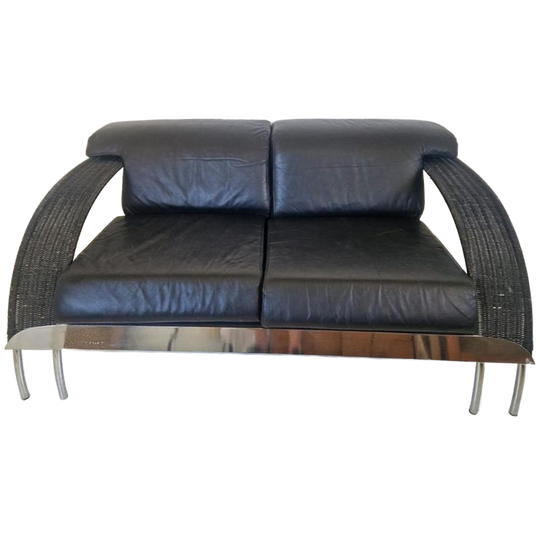 Postmoderne Bank Rotan Chroom En Leer Jaren 80 Van Dover. 1