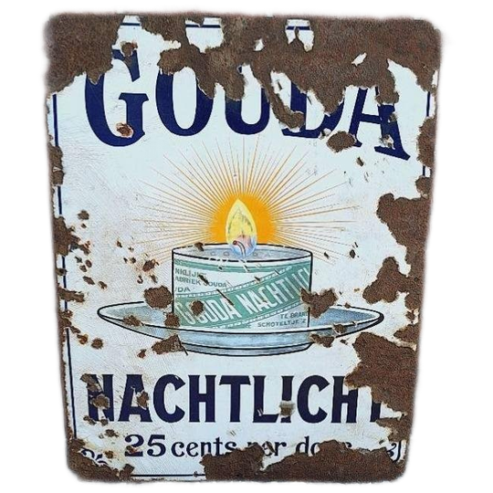 Antiek Emaille Bord Gouda Nachtlicht, 25 Cents Per Doosje. 1