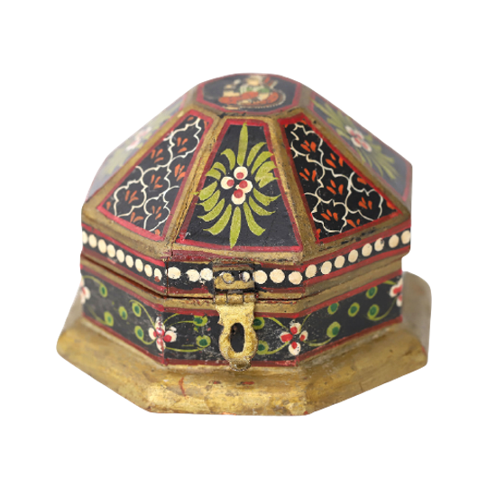 Antieke Indiase Mughal Achthoekige Houten Kistje 1