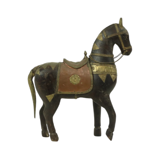 Vintage Houten Marwari Paard Koper Messing Beeld Sculptuur 27cm 1