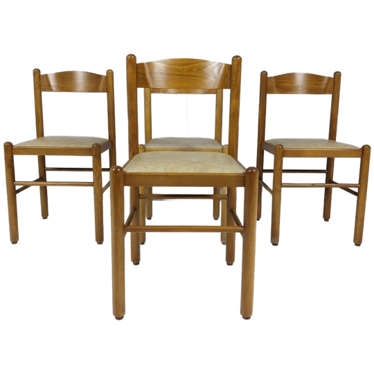 4 X Vintage Houten Stoelen Met Beige Bekleding, Jaren 60 - 70 1