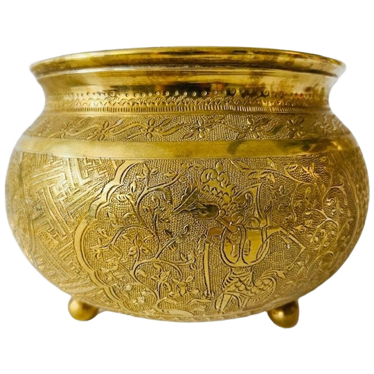 Antieke Indonesische Messing Bloempot Jardiniere Wayang Gravering 1