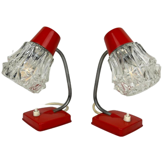 Charmante, Vintage Lampjes (2) Rood Metaal Met Glazen Kapjes 1