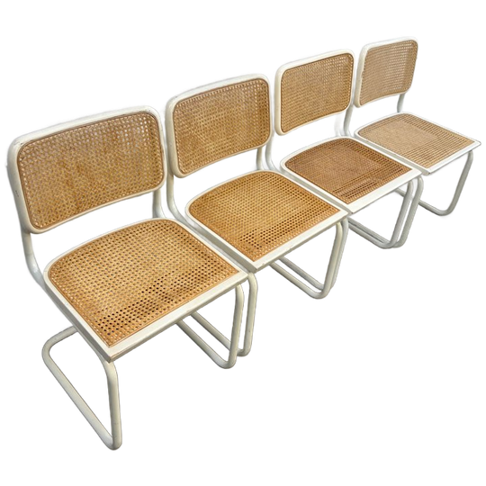 Set Van Vier Vintage Cesca Stijl Stoelen / Eetkamerstoelen, Wit Metalen Frame, Italië 1