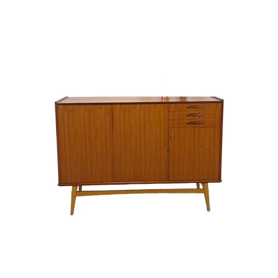 Teak Kast Met Schuine Poten En Lades Uit Zweden 1