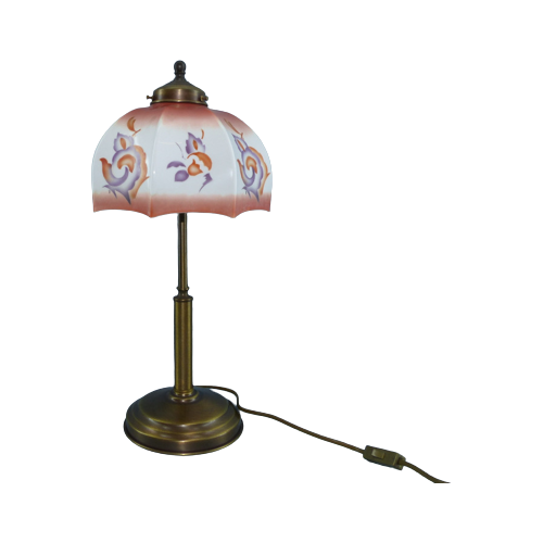 Een Unieke Tafellamp Met Een Bijzondere Gekleurde Lampen Kap Uit Frankrijk