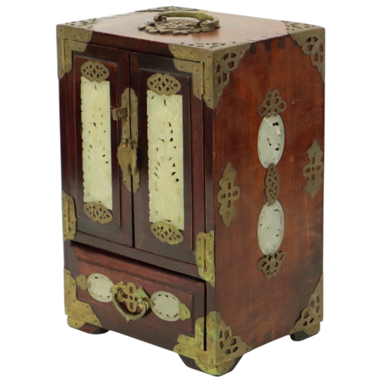 Grote Chinese Juwelenkist Sierraden Doos Jade Palissander Messing 1