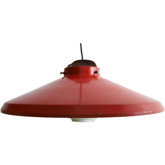 Vintage Fabriekslamp Rood Emaille Met Opaline Glazen Bol, Jaren '30/'40 1