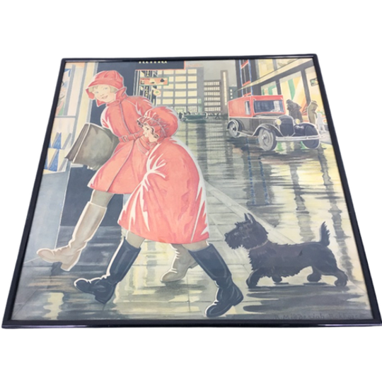Litho - Meisjes In De Regen Met Zwarte Schotse Terriër 1