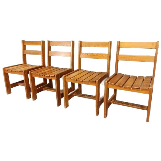 Set Van 4 Vintage Massief Grenen Eetkamerstoelen 1