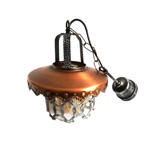 Vintage Smeedijzere Lamp Met Prachtig Amber Glas En Koperen Kap, Jaren '50/'60