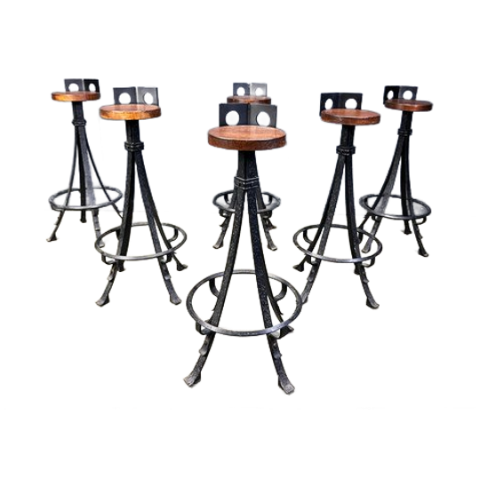 Wintage Brutalist Wrought Iron Bar Stools, 1960s - Set Of 6 1