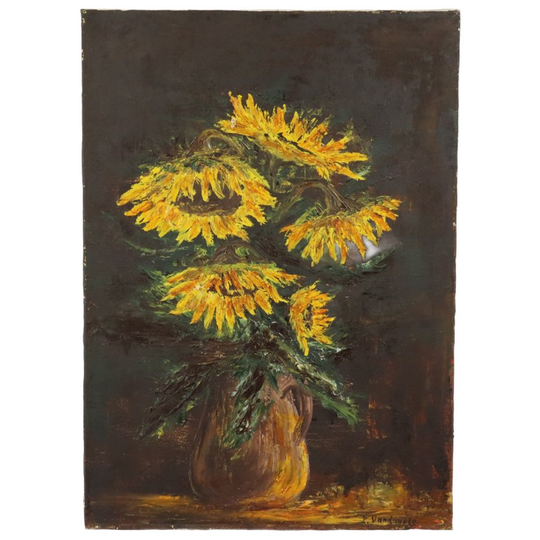 Vintage Stilleven Zonnebloemen Schilderij Op Doek 70x50cm 1