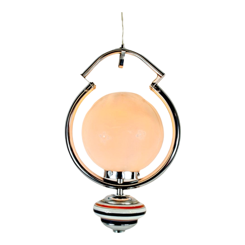 Vintage Opaline Hanging Pedant / Sphere In Chrome Plated Housing With A Ceramic Base
