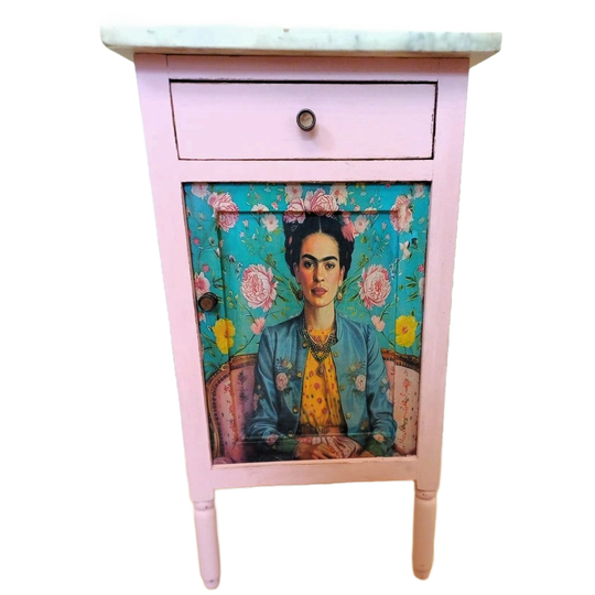 Roze Nachtkastje Frida Kahlo - Met Marmer Blad 1