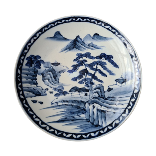 Mooi Japans Sierbord - Blauw En Wit Met Een Berglandschap 1
