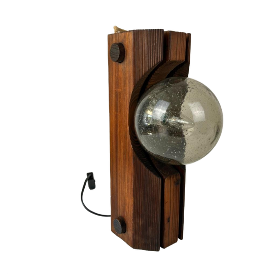 Vintage Brutalistische Tafellamp / Wandlamp Hout, Glazen Bol 1
