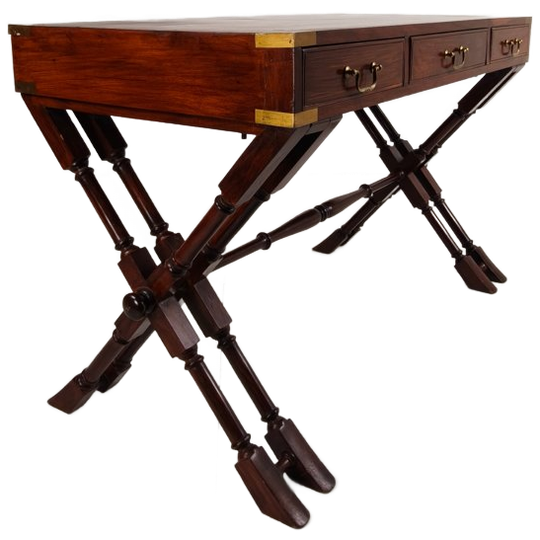 Vintage Anglo Indian Military Campaign Trestle Writing Desk With Brass Inlay 1