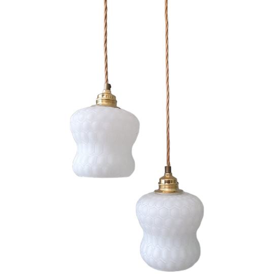 Set Vintage Hanglampen - Opaline Glas Met Honingraat Textuur 1