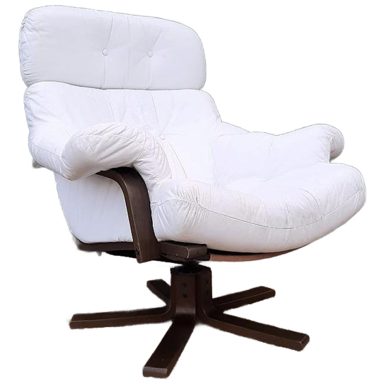 Vintage Design Fauteuil Wit Leer Houten Poot Draaifauteuil 1