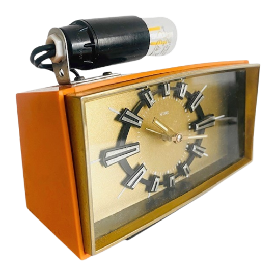 Vintage Mid-century Metamec Wekker Oranje Goud Met Lampje 1