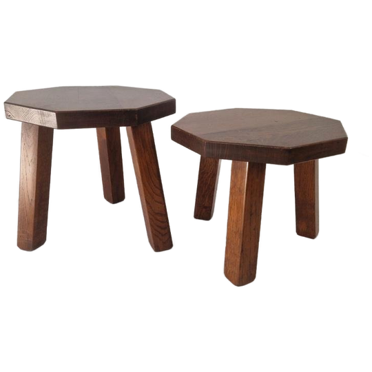 Massief Eiken Houten Brutalist Tafeltjes. 1