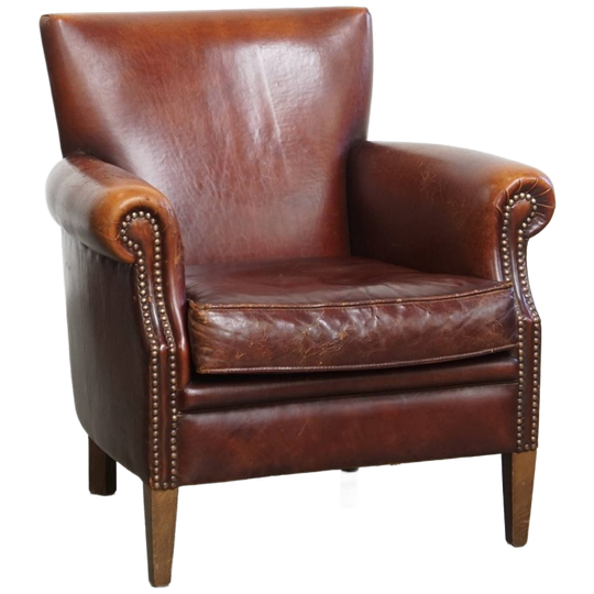 Karkatervolle Vintage Schapenleren Armchair/ Fauteuil Met Warme Kleuren En Een Mooi Patina 1