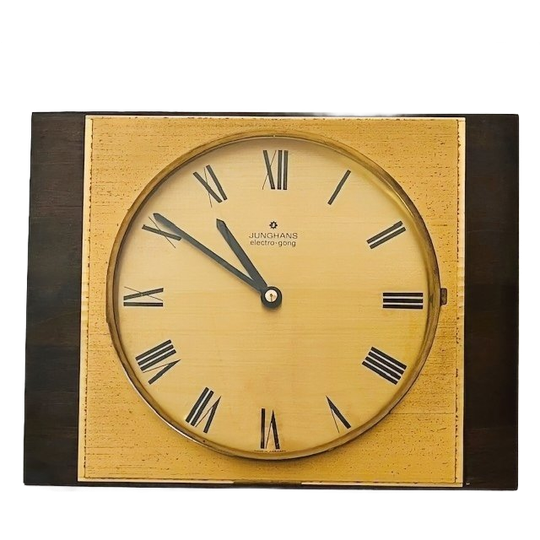 Vintage Modernist Junghans Wandklok Electro Gong Hout Messing Tafelklok 1960’s 1