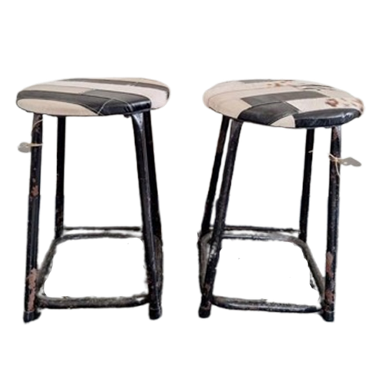 Vintage Metalen Ronde Kruk Met Nieuwe Stoffering Van Vacht 1